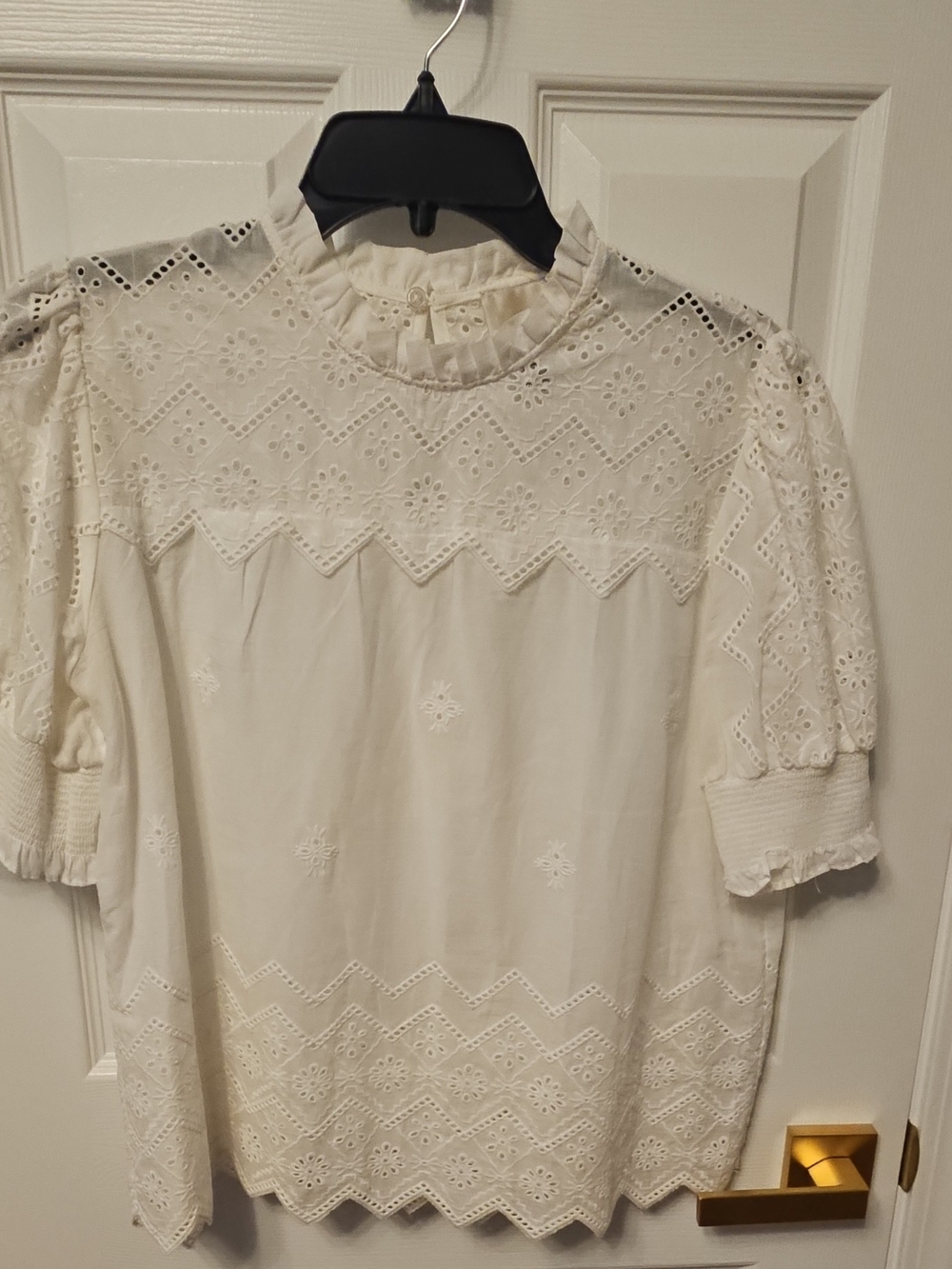 Women’s White Eyelet Ruffle Neck Blouse